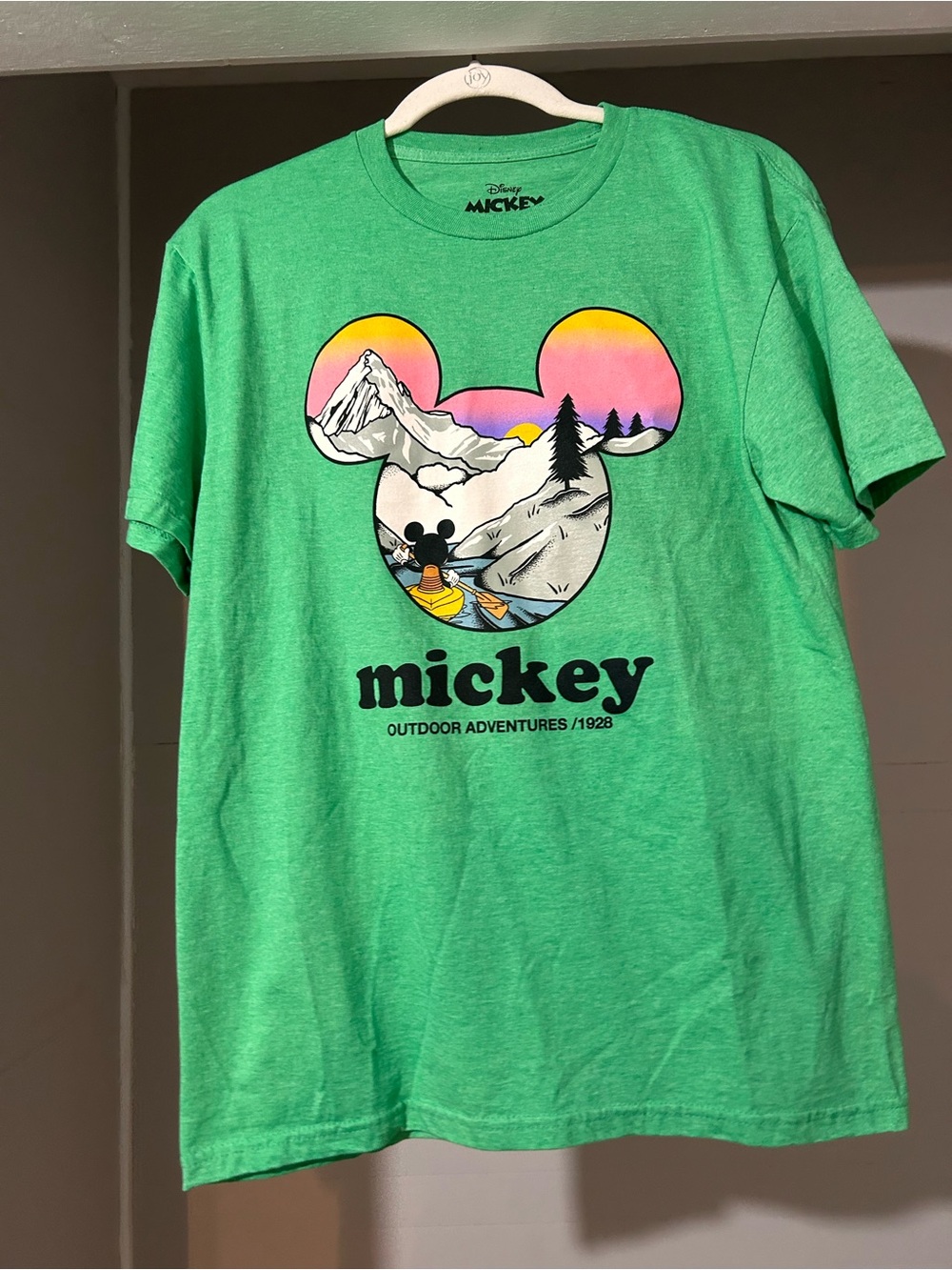 Disney Green Mickey Outdoor Graphic Tee with Sunset Accent